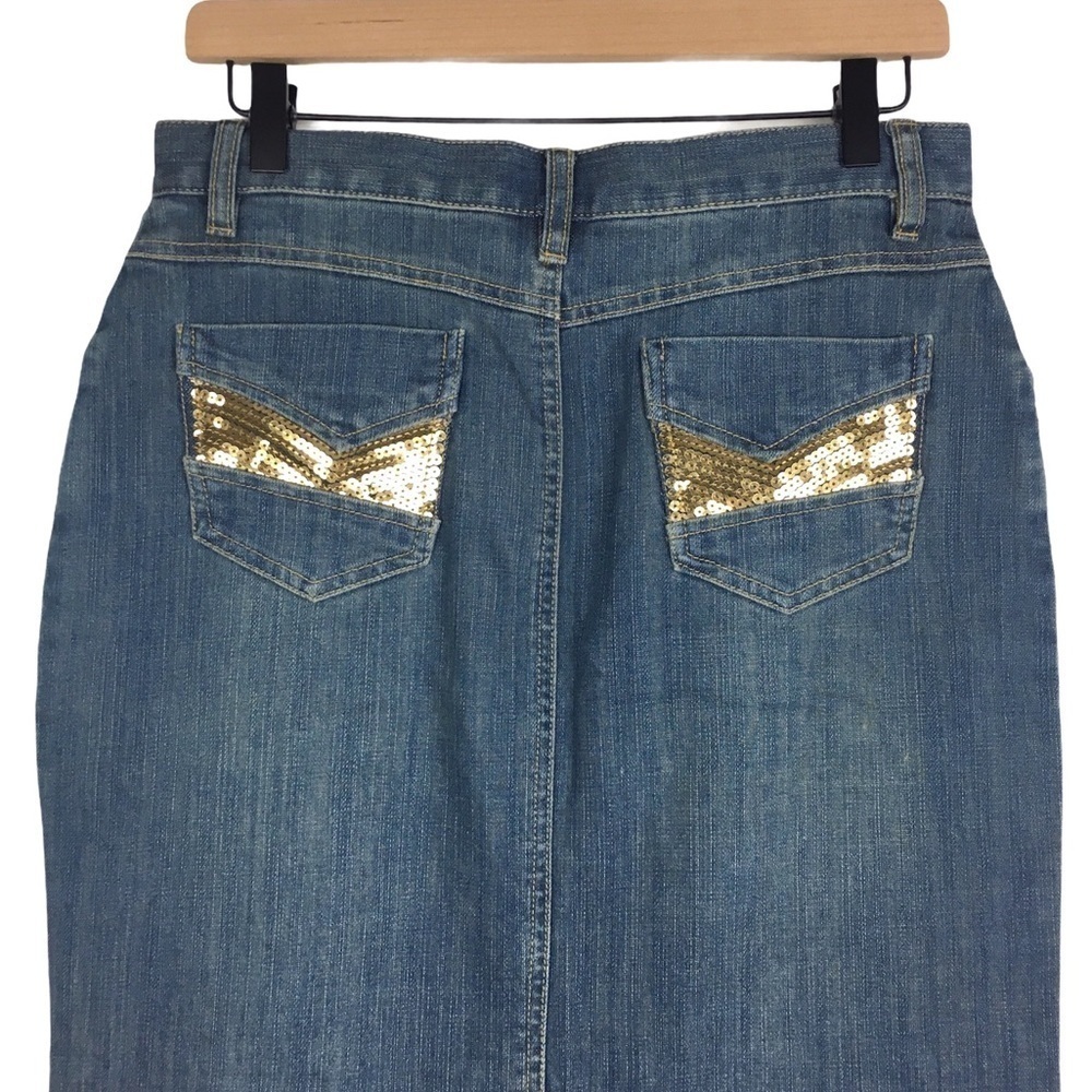 STYLE J Denim Jean Maxi Skirt Long Sequin Y2K Boho Fairy Core Embroidered Size 8 - Picture 7 of 12